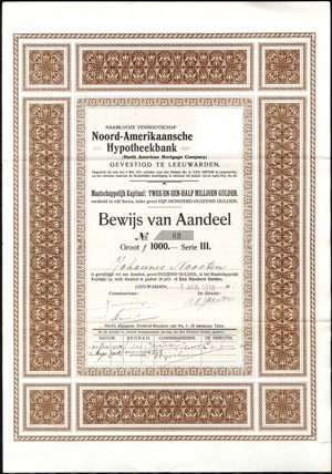 Noord-Amerikaansche Hypotheekbank N.V., Bewijs van aandeel, Serie III, 1000 Gulden, 1 Januari 1918