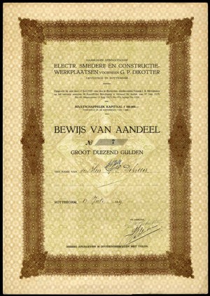 Electr. Smederij en Constructie-Werkplaatsen voorheen G.P. Dikotter N.V., Bewijs van aandeel, 1000 Gulden, 17 July 1919