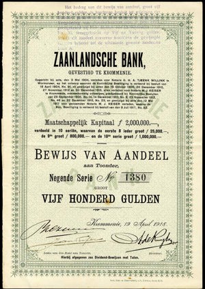 Zaanlandsche Bank N.V., Bewijs van aandeel, negende serie, 500 Gulden, 19 April 1918