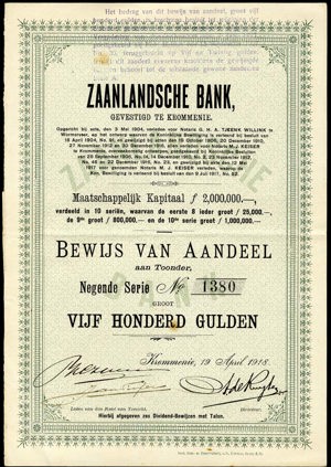 Nederland, Zaanlandsche Bank N.V., Bewijs van aandeel, negende serie, 500 Gulden, 19 April 1918