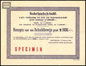 Nederlandsch-Indie, 6% Externe lening 1923, Recepis voor een schuldbewijs, 1000 Pond, 15 Februari 1923, SPECIMEN