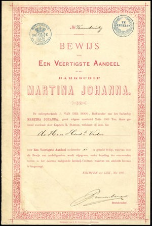 Barkschip Martina Johanna, Bewijs voor een veertigste aandeel, May 1891