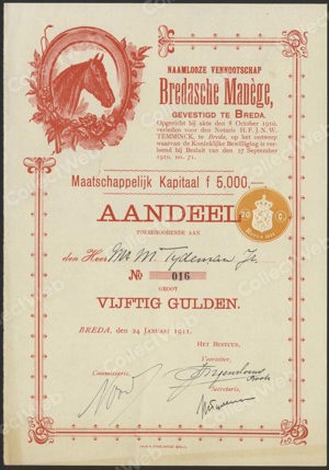 Bredasche Manège N.V., Aandeel, 50 Gulden, 24 January 1911