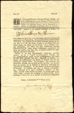 Plantage Driesveld, 5% Hypothecaire obligatie, 1000 Gulden, 1 Mei 1772