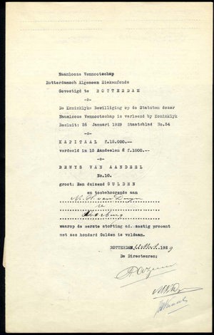 Rotterdamsch Algemeen Ziekenfonds N.V., Bewijs van aandeel, 1000 Gulden, 11 March 1929