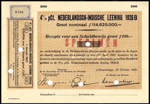Nederlandsch-Indie, 4,5% lening 1926B, Recepis voor een schuldbewijs, 100 Gulden, 15 October 1926, SPECIMEN