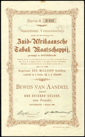 Zuid-Afrikaansche Tabak Maatschappij N.V., Bewijs van aandeel, serie A, 1000 Gulden, 1 February 1896