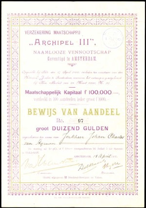 Verzekering Maatschappij "Archipel III" N.V., Bewijs van aandeel, 1000 Gulden, 18 April 1900