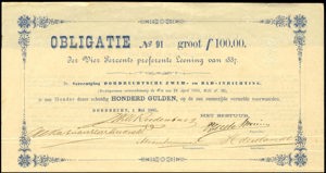Vereeniging Dordrechtsche Zwem- en Bad-Inrichting, Obligatie, 100 Gulden, 1 May 1887