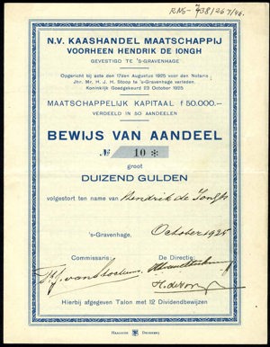 Kaashandel Maatschappij voorheen Hendrik de Iongh N.V., Bewijs van aandeel, 1000 Gulden, October 1925