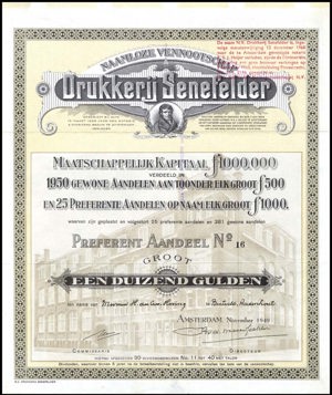 Drukkerij Senefelder N.V., Preferent aandeel, 1000 Gulden, November 1949