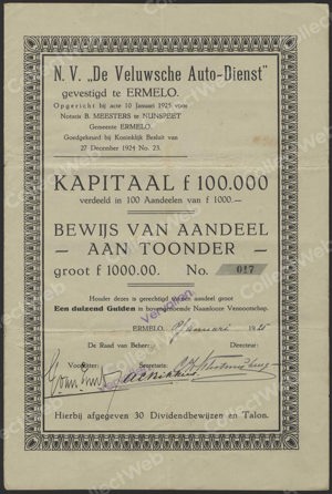 De Veluwsche Auto-Dienst N.V., Bewijs van Aandeel, 1000 Gulden, 8 Januari 1925
