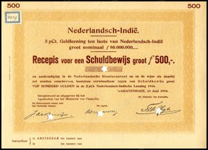 Nederlandsch-Indie, 5% lening 1916, Recepis voor een schuldbewijs, 500 Gulden, 23 Juni 1916, PROOF