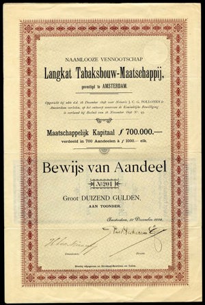 Langkat Tabaksbouw-Maatschappij N.V., Bewijs van aandeel, 1000 Gulden, 31 December 1898
