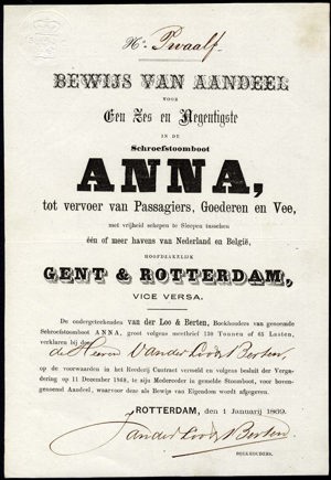 Schroefstoomboot "Anna" tot vervoer van Passagiers, Goederen en Vee, Bewijs van aandeel, 1/96 aandeel, 1 January 1869