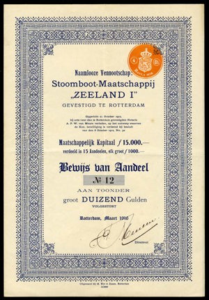 Stoomboot-Maatschappij "Zeeland I" N.V., Bewijs van aandeel, 1000 Gulden, March 1916