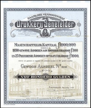 Drukkerij Senefelder N.V., Gewoon aandeel, 500 Gulden, November 1949