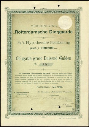 Vereeniging Rotterdamsche Diergaarde, Obligatie, 1000 Gulden, 1 Mei 1893