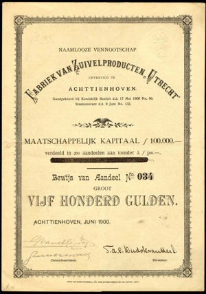 Fabriek van Zuivelproducten "Utrecht" N.V., Bewijs van aandeel, 500 Gulden, June 1900