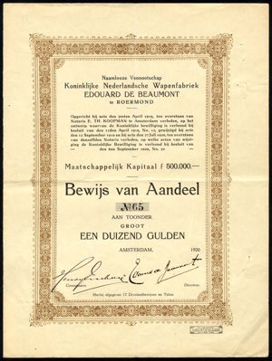 Koninklijke Nederlandsche Wapenfabriek Edouard de Beaumont N.V., Bewijs van aandeel, 1000 Gulden, 1920