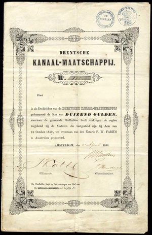 Drentsche Kanaal-Maatschappij, Aandeel, 1000 Gulden, 2 April 1853