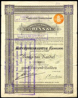Manufacturenhandel van Bins & Co. N.V., Bewijs van aandeel, 1000 Gulden, 1906