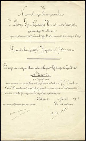J. Levie & Zn's Graan- en Kunstmesthandel N.V., Bewijs van negen aandelen, 45,000 Gulden, 1 Juli 1918