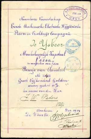 Eerste Arnhemsche Electrische Hijgiënische Room- en Vruchtenijs Compagnie, De IJsbeer N.V., Bewijs van aandeel, 500 Gulden, December 1914