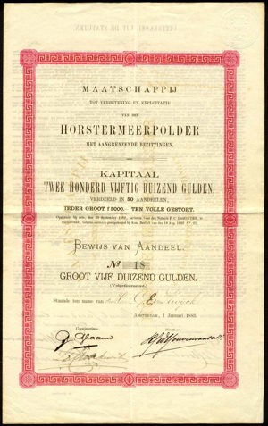 Maatschappij tot verbetering en exploitatie van den Horstermeerpolder, Bewijs van aandeel, 5000 Gulden, 1 Januari 1883