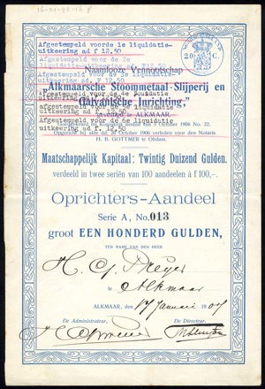 Nederland, Alkmaarsche Stoommetaal - Slijperij en Galvanische Inrichting N.V., Oprichters-aandeel, 100 Gulden, 17 January 1907