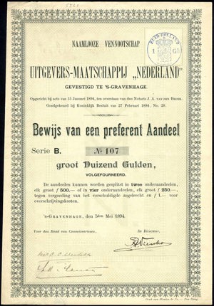 Uitgevers-Maatschappij "Nederland" N.V., Bewijs van een preferent aandeel, serie B, 1000 Gulden, 5 May 1894