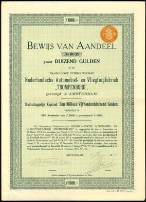 Nederlandsche Automobiel- en Vliegtuigfabriek "Trompenburg" NV (Spijker), Bewijs van aandeel, 1000 Gulden, 1 Juni 1916