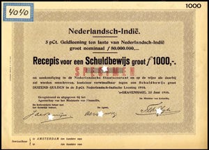 Nederlandsch-Indie, 5% lening 1916, Recepis voor een schuldbewijs, 1000 Gulden, 23 Juni 1916, SPECIMEN
