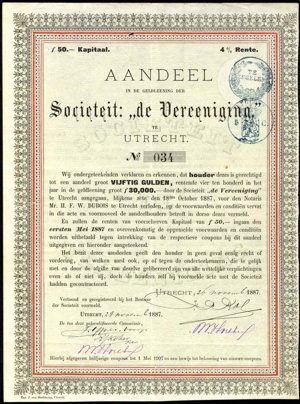 Societeit "de Vereeniging", Aandeel (Obligatie), 50 Gulden, 26 November 1887