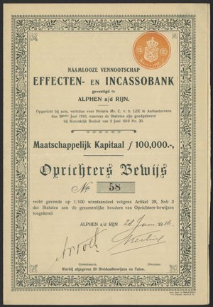 Effecten- en Incassobank NV, 1/100 Winstaandeel, 28 juni 1916