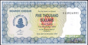 Zimbabwe, P21c, B119c, 5000 Dollars, 1st December 2003 (exp. 31st December 2004), sign. Gono w/o name above title