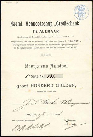 Credietbank N.V., Bewijs van aandeel, 100 Gulden, 1 January 1906