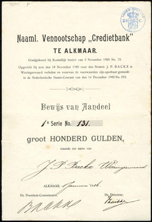 Nederland, Credietbank N.V., Bewijs van aandeel, 100 Gulden, 1 January 1906