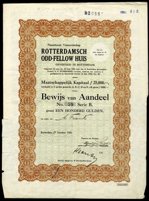 Rotterdamsch Odd-Fellow Huis N.V., Bewijs van aandeel, Serie B, 100 Gulden, 11 October 1920