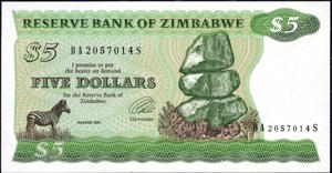 Zimbabwe, P2e, B102e, 5 Dollars 1994, Harare, sign. Tsumba, WM: Zimbabwe bird 3/4 view medium neck