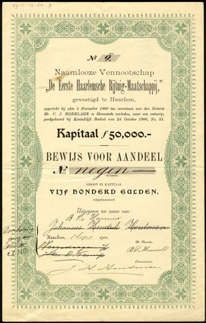 De eerste Haarlemsche Rijtuig-Maatschappij NV, Bewijs voor aandeel, 500 Gulden, 1 September 1901