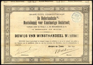 De Nederlandsche Maatschappij voor Kunstmatige Oesterteelt, voorheen onder de Firma C. L. de Meulemeester & Co. N.V., Bewijs van winstaandeel, May 1892