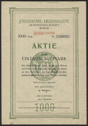 Germany, Erdolwerke Helenagluck A.G. Berlin, Aktie, 1000 Mark, 4 April 1923