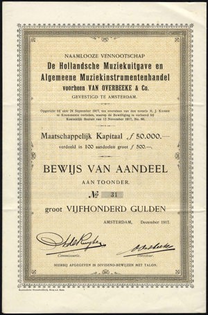 De Hollandsche Muziekuitgave en Algemeene Muziekinstrumentenhandel voorheen Van Overbeeke & Co. N.V., Bewijs van aandeel, 500 Gulden, December 1917