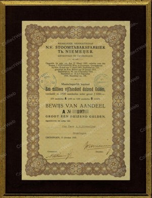Stoomtabaksfabriek Th. Niemeyer N.V., Bewijs van aandeel A, 1000 Gulden, 13 October 1930