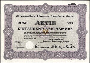 Duitsland, Aktiengesellschaft Breslauer Zoologischer Garten, Aktie, 1000 Reichsmark, July 1938