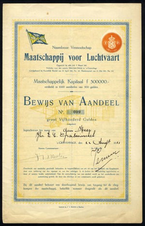 Maatschappij voor Luchtvaart N.V., Bewijs van aandeel, 500 Gulden, 22 Augustus 1911