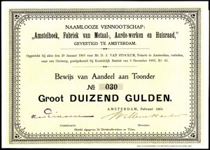 Amstelhoek, Fabriek van Metaal-, Aarde-werken en Huisraad N.V., Bewijs van aandeel aan toonder, 1000 Gulden, February 1903