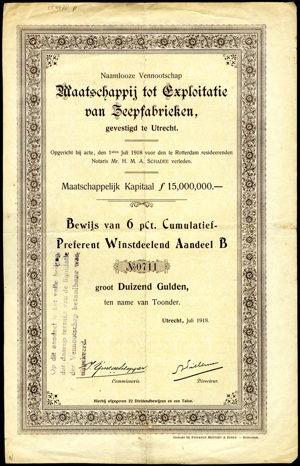 Maatschappij tot Exploitatie van Zeepfabrieken N.V., Bewijs van 6% cumulatief preferent winstdeelend aandeel B, 1000 Gulden, July 1918