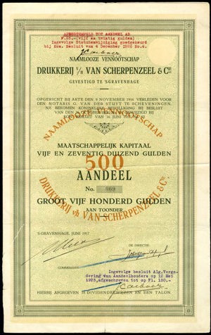 Drukkerij v/h van Scherpenzeel & Cie. N.V., Aandeel, 500 Gulden, June 1917